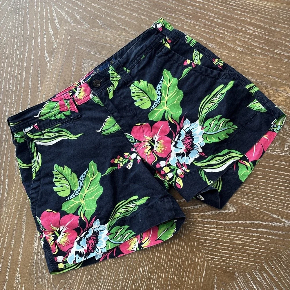 Polo Ralph Lauren Sz 2 NAVY BLUE/PINK Hawaiian Hibiscus Floral Shorts FAST‎ Ship